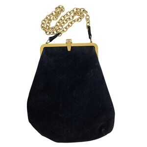 VTG JUMBO Coin Purse: Black Suede Saddle Shoulder Bag Gold Chain Handle & Frame
